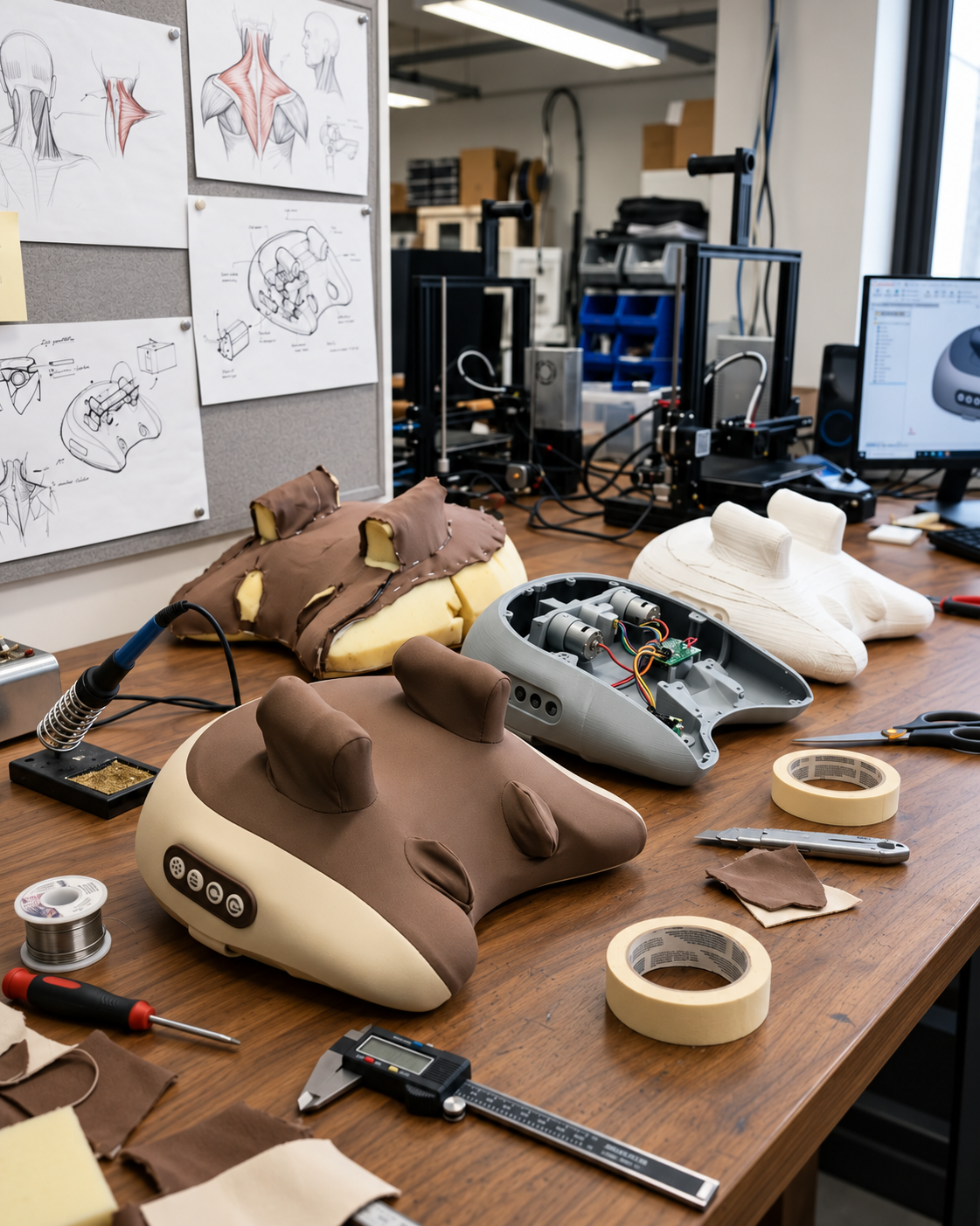 Edited illustrative workshop scene preserving the supplied massager and prototype designs